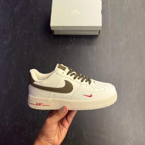 First Copy Nike Air Force 1 White Sneakers with Brown Swoosh